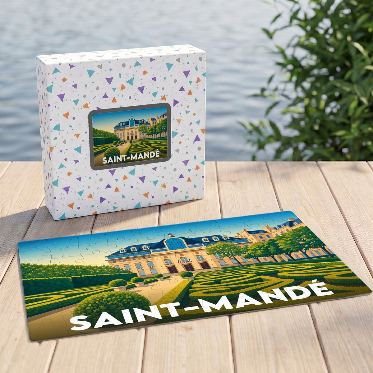 Puzzle souvenir de la ville de Saint-Mandé avec une illustration stylisée de son hôtel de ville et de ses jardins.