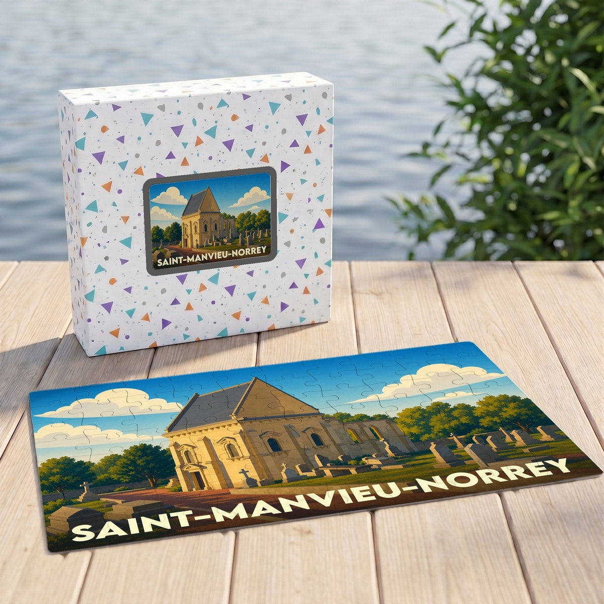 Puzzle souvenir de la ville de Saint-Manvieu-Norrey avec une illustration stylisée d'un monument historique.