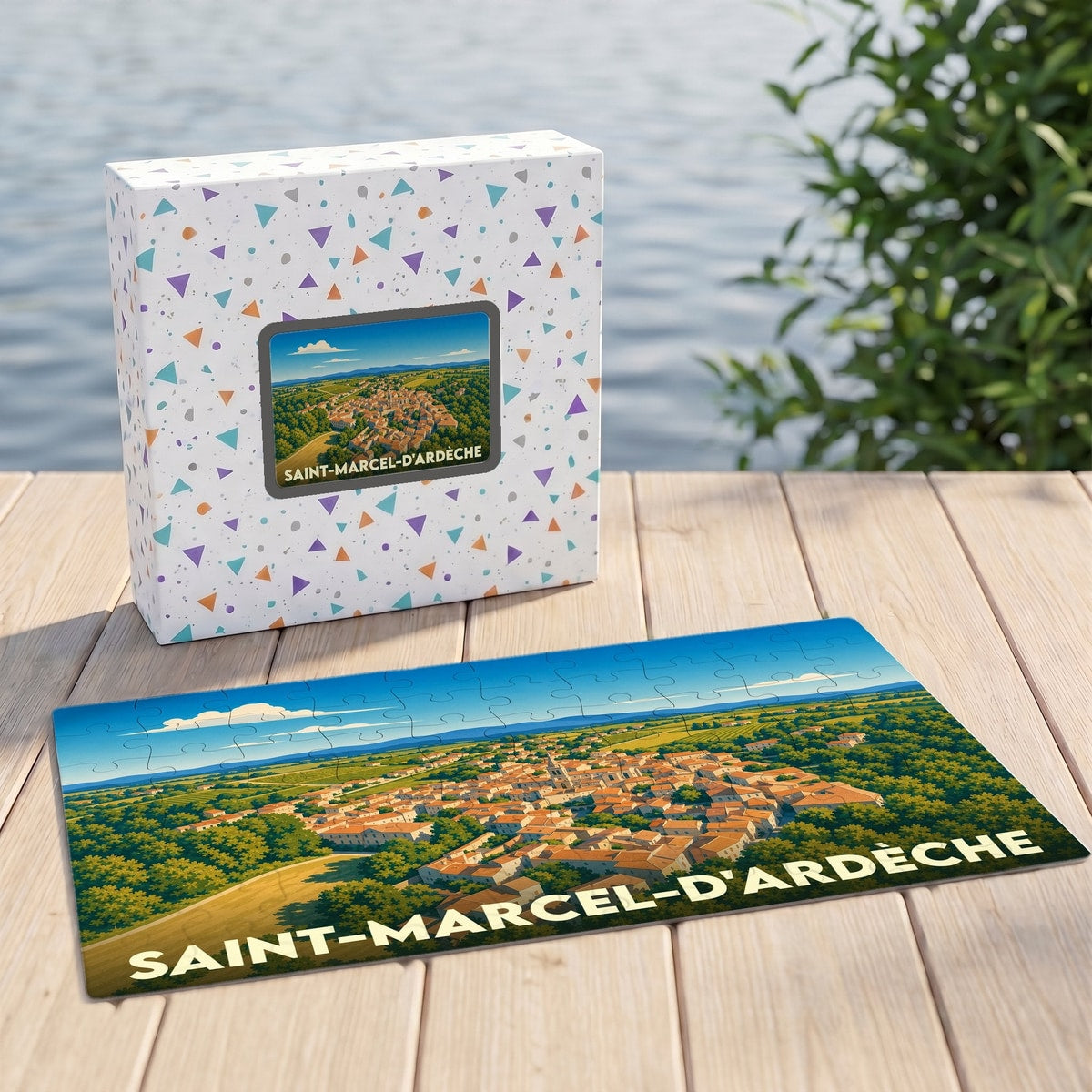 Puzzle souvenir de la ville de Saint-Marcel-d'Ardèche avec une illustration panoramique stylisée.