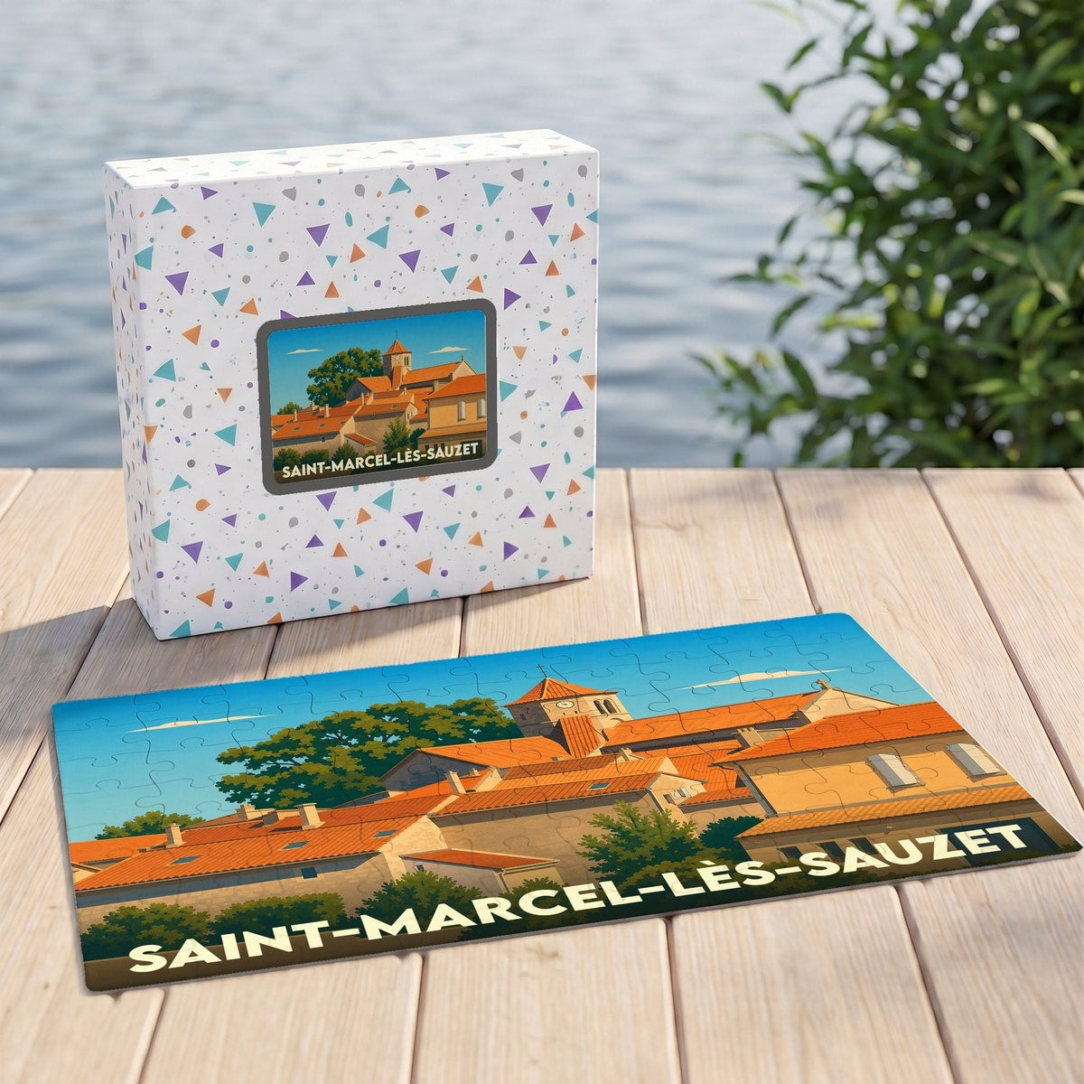 Puzzle souvenir de Saint-Marcel-lès-Sauzet illustrant les toits du village dans un style rétro.