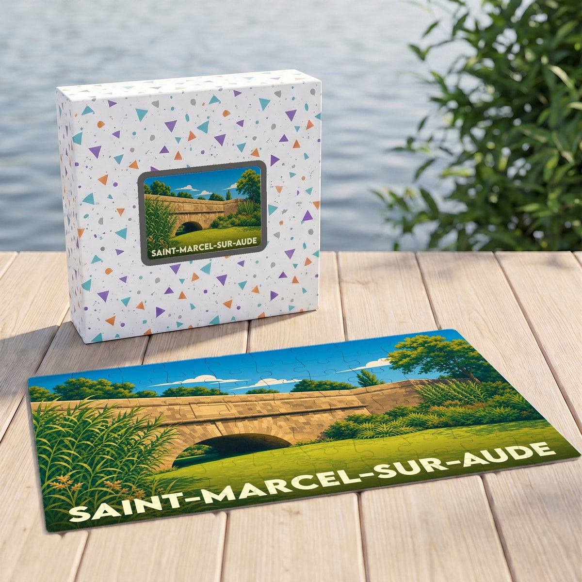 Puzzle souvenir de la ville de Saint-Marcel-sur-Aude illustrant un pont de pierre avec sa boîte décorative.