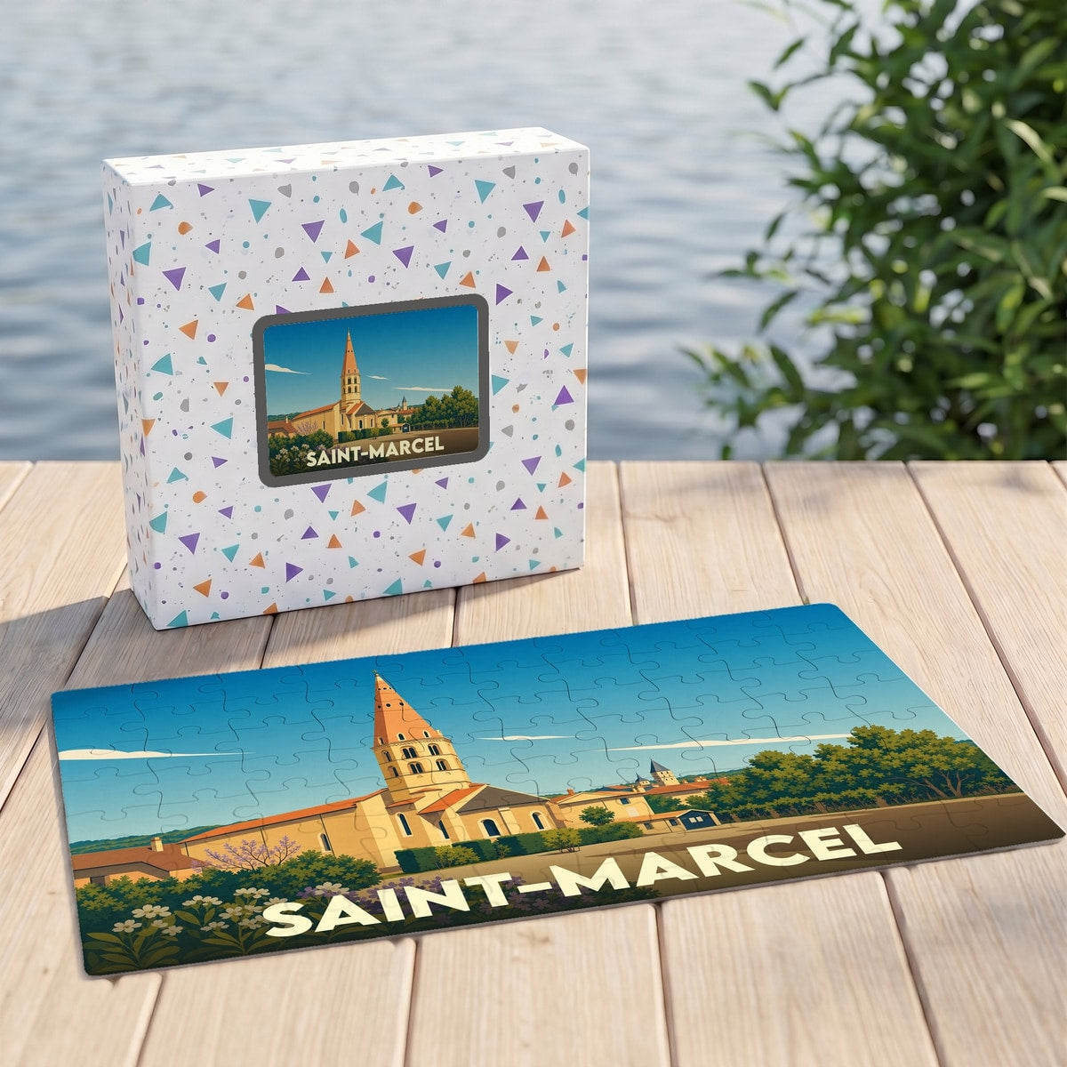 Puzzle souvenir de la ville de Saint-Marcel présentant une illustration stylisée de son église sur sa boîte et en version assemblée.