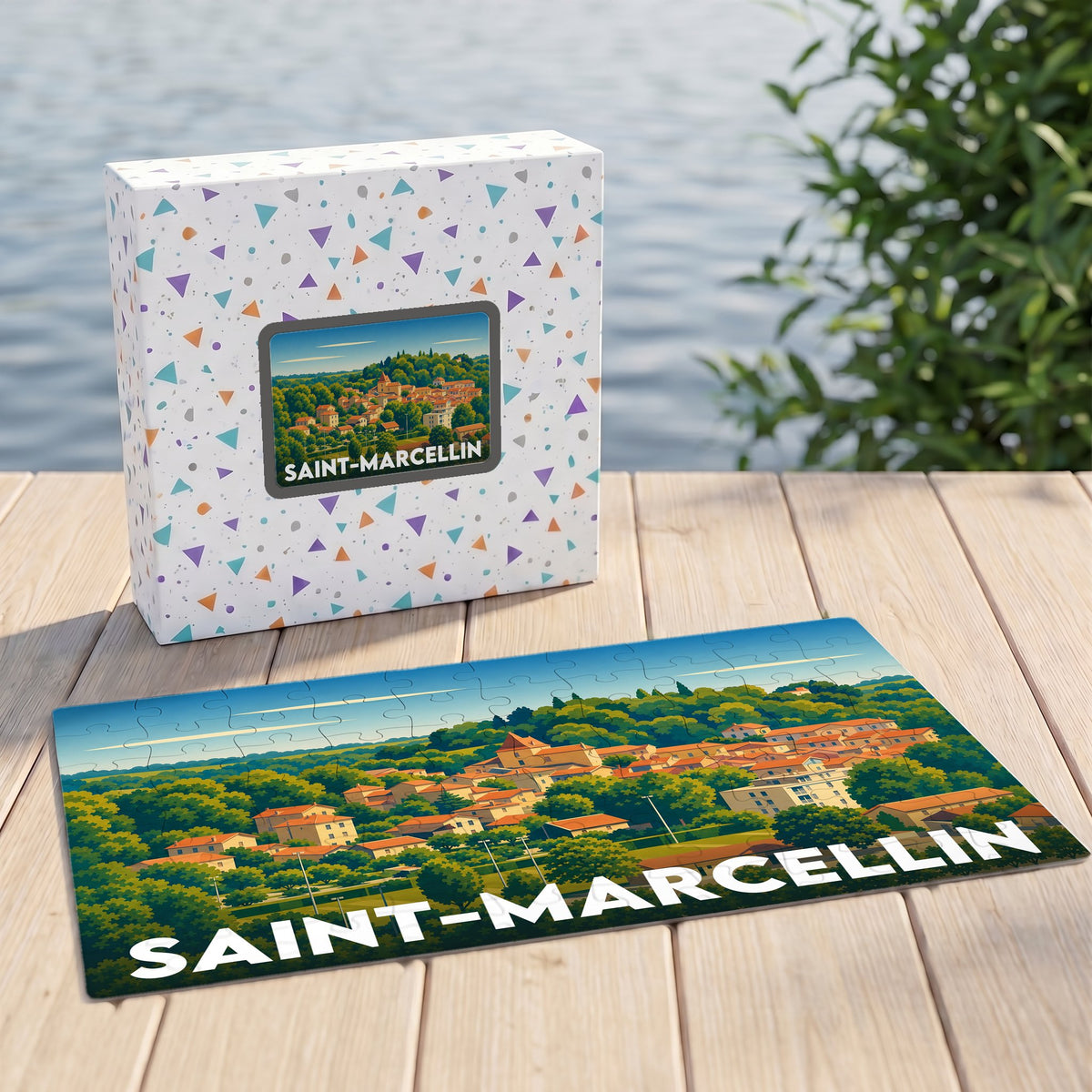 Puzzle souvenir de la ville de Saint-Marcellin avec une illustration stylisée d'un paysage urbain verdoyant.