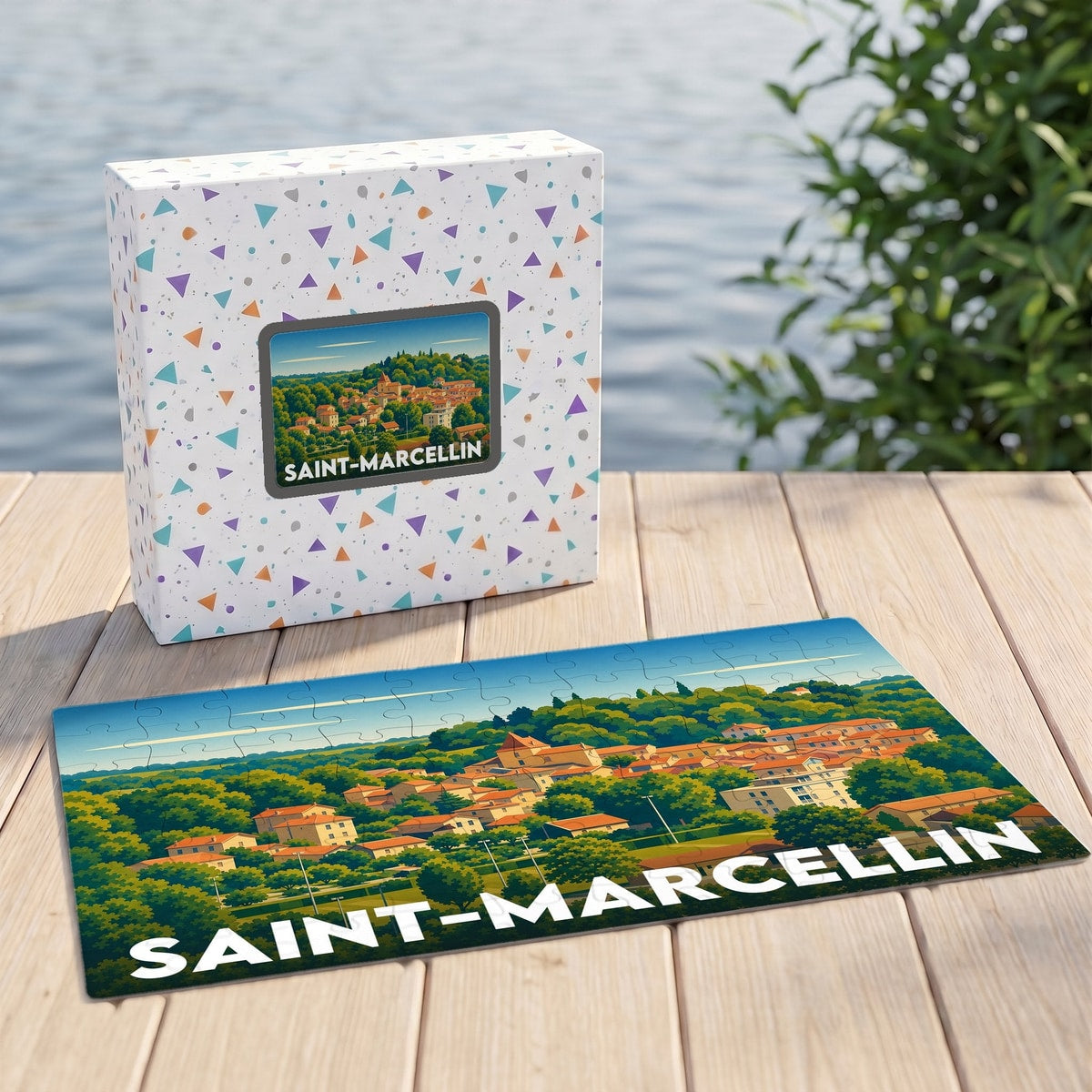 Puzzle souvenir de la ville de Saint-Marcellin avec une illustration stylisée d'un paysage urbain verdoyant.