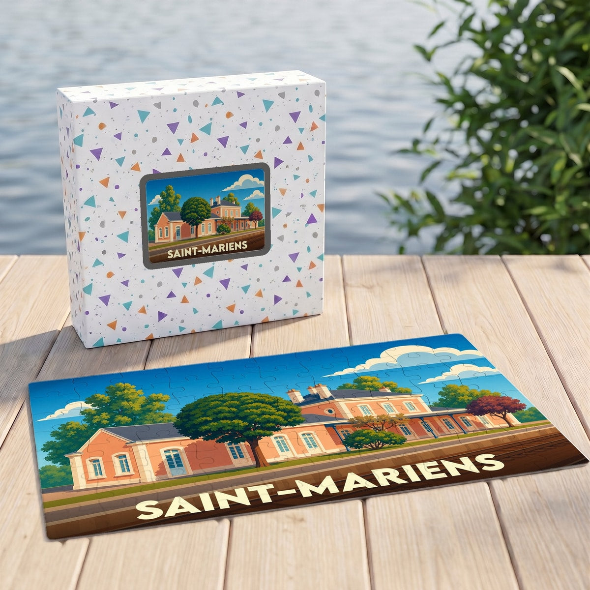 Puzzle souvenir de la ville de Saint-Mariens avec une illustration stylisée d'un bâtiment historique.