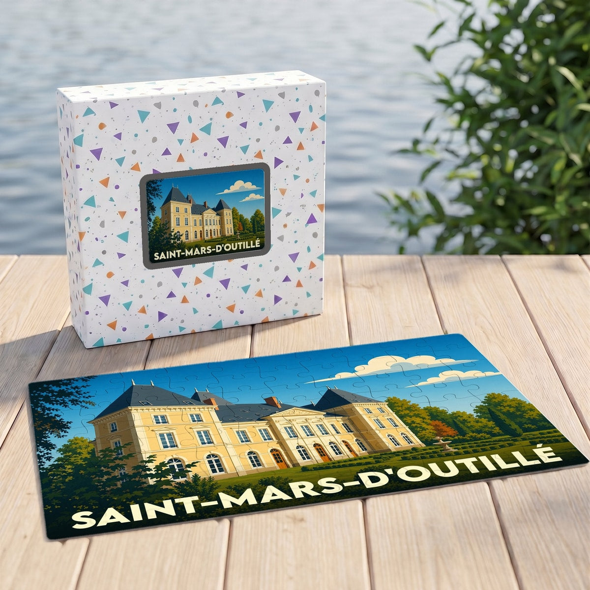 Puzzle souvenir de la ville de Saint-Mars-d'Outillé avec une illustration stylisée d'un château.