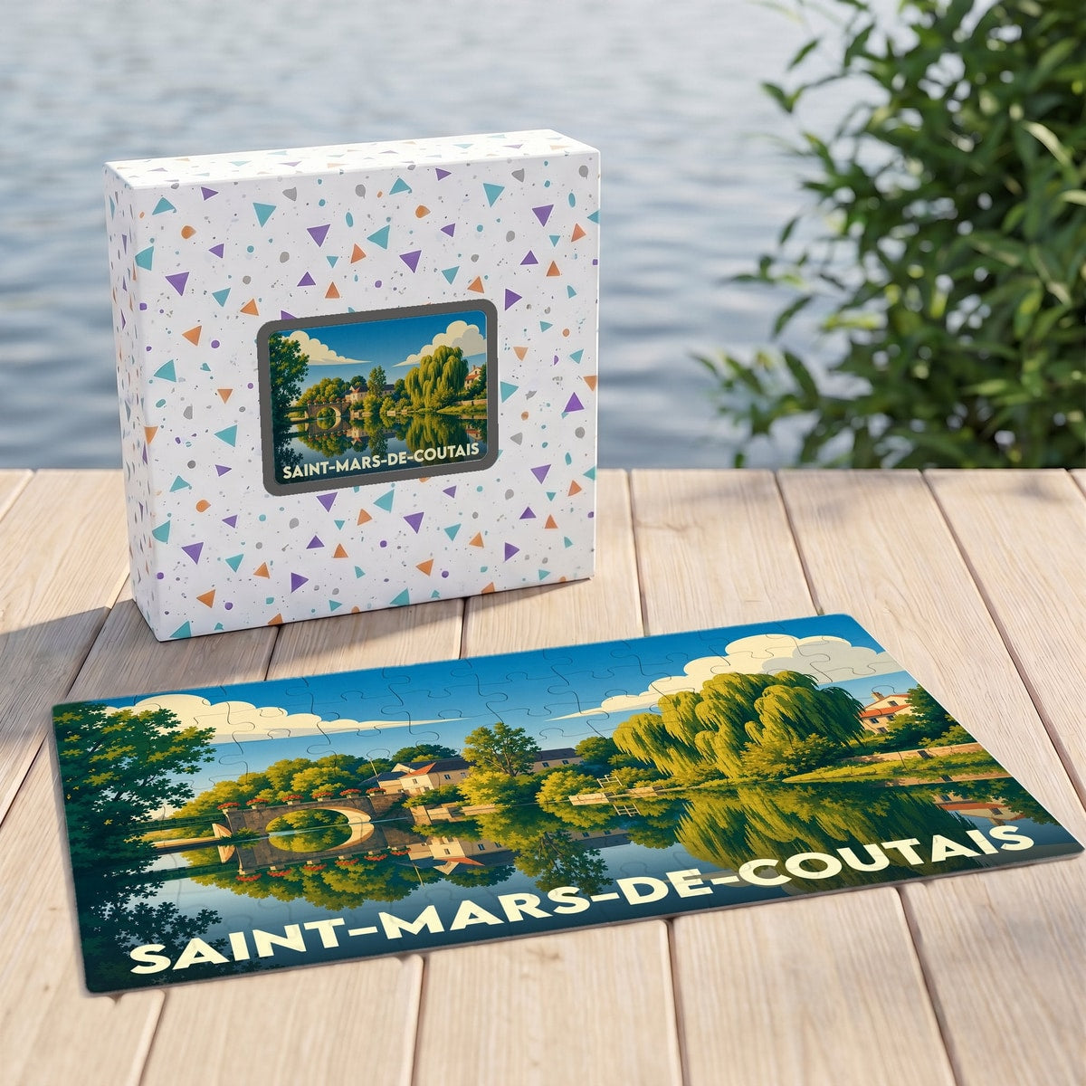 Puzzle souvenir de la ville de Saint-Mars-de-Coutais avec une illustration stylisée d'un paysage de rivière.