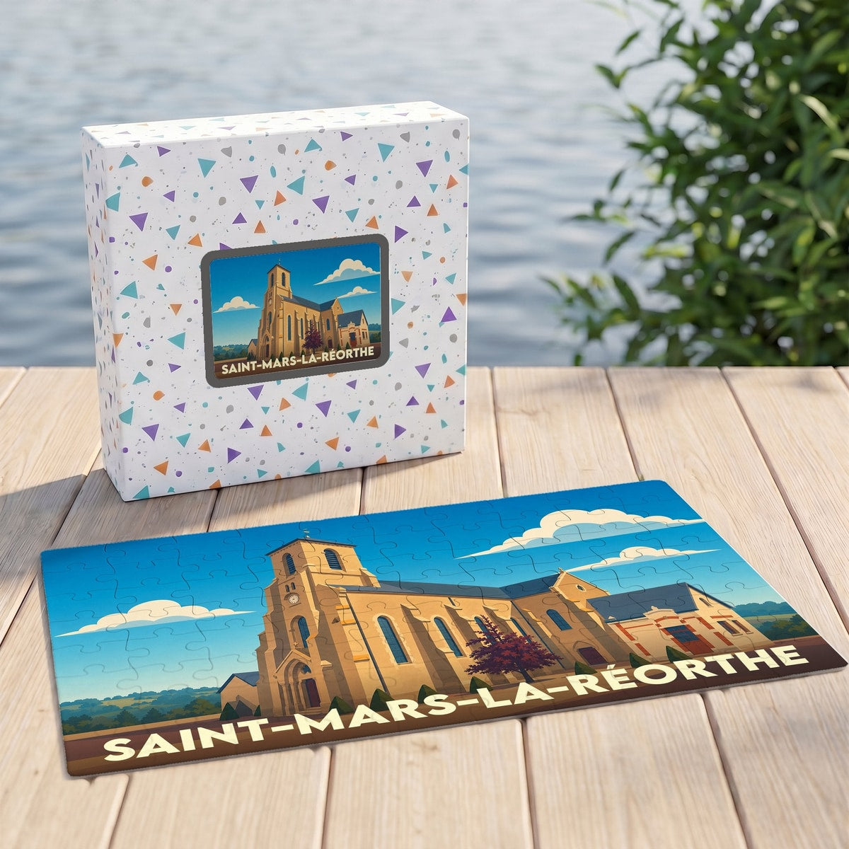 Puzzle souvenir de la ville de Saint-Mars-la-Réorthe avec une illustration stylisée de son église.
