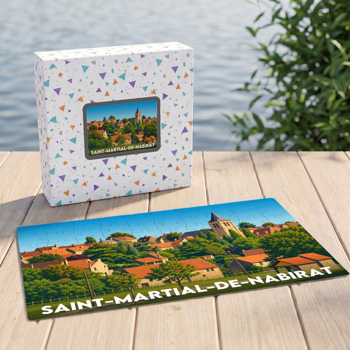 Puzzle souvenir de la ville de Saint-Martial-de-Nabirat illustrant un village pittoresque avec son église.