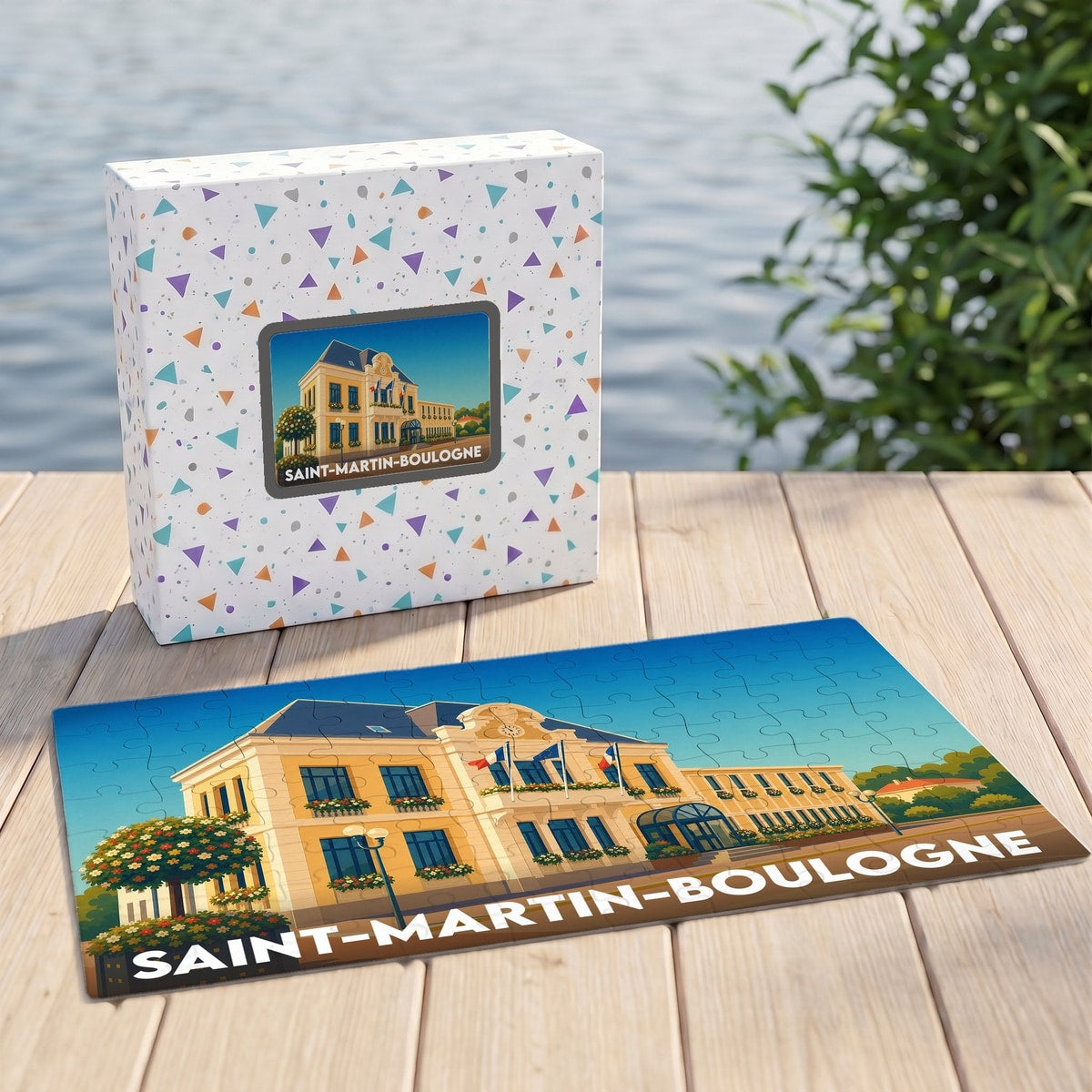 Puzzle souvenir de la ville de Saint-Martin-Boulogne avec une illustration stylisée de l'hôtel de ville.