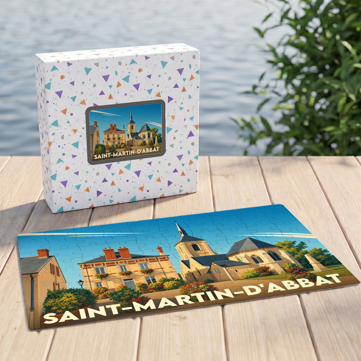 Puzzle souvenir de la ville de Saint-Martin-d'Abbat avec une illustration stylisée et colorée.