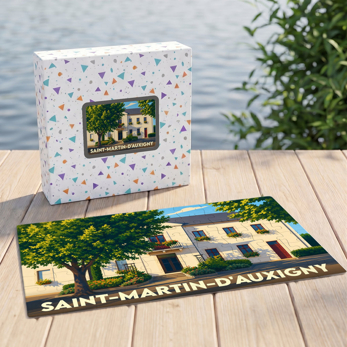Puzzle souvenir de Saint-Martin-d'Auxigny représentant une bâtisse traditionnelle et son jardin.