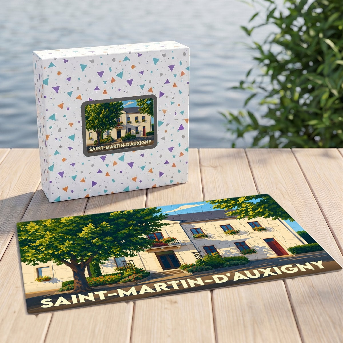Puzzle souvenir de Saint-Martin-d'Auxigny représentant une bâtisse traditionnelle et son jardin.