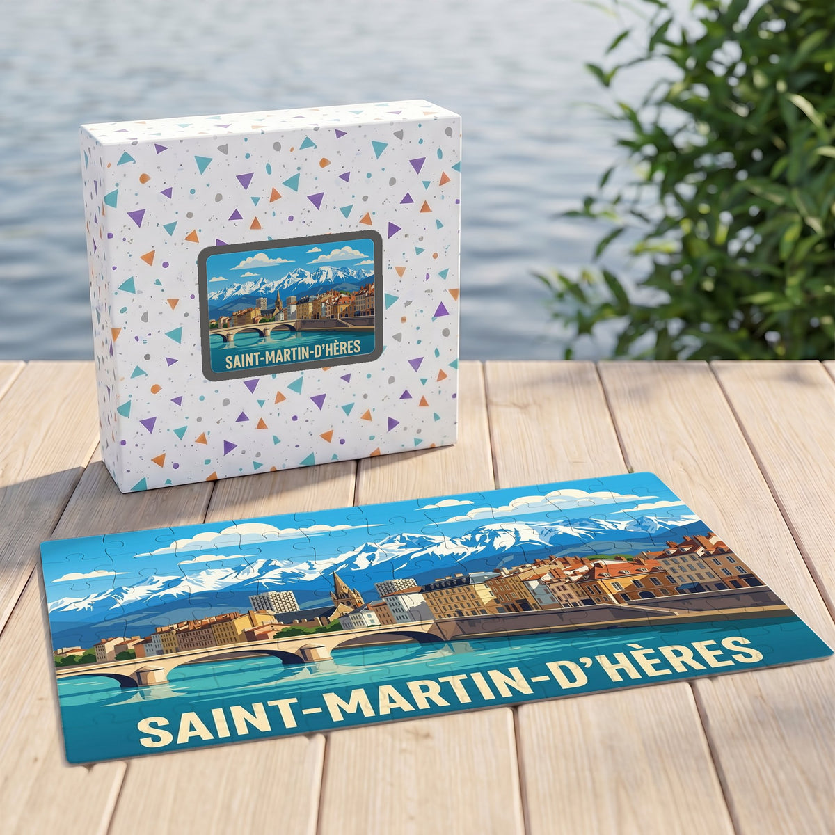 Puzzle souvenir de la ville de Saint-Martin-d'Hères avec une illustration stylisée des montagnes et du front de mer.
