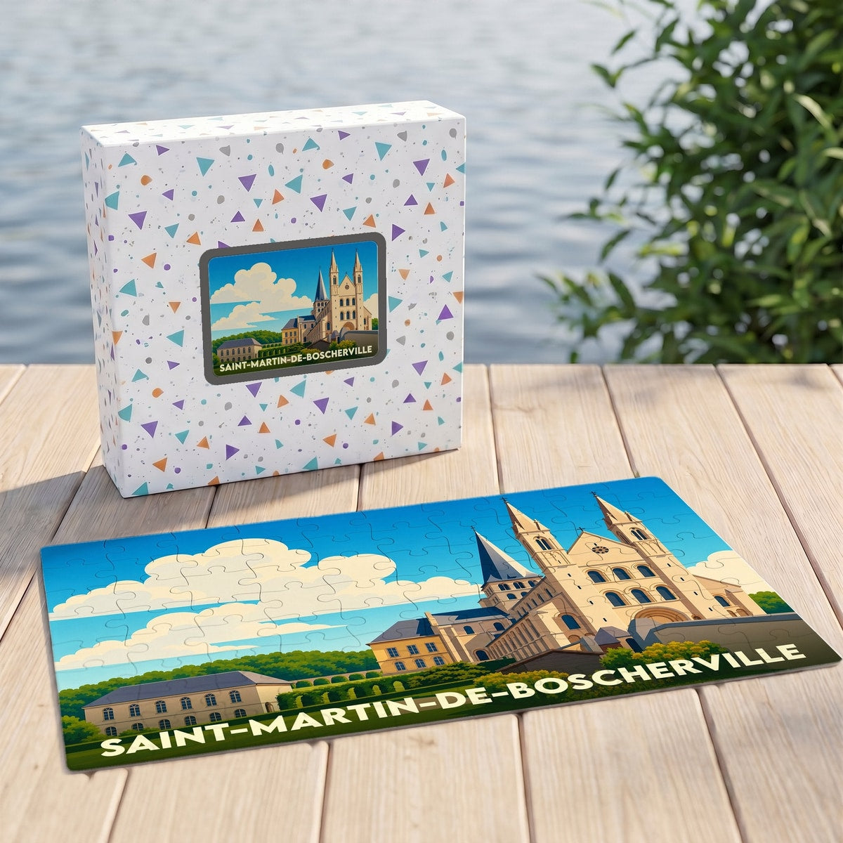 Puzzle souvenir de la ville de Saint-Martin-de-Boscherville avec une illustration stylisée de son abbaye.