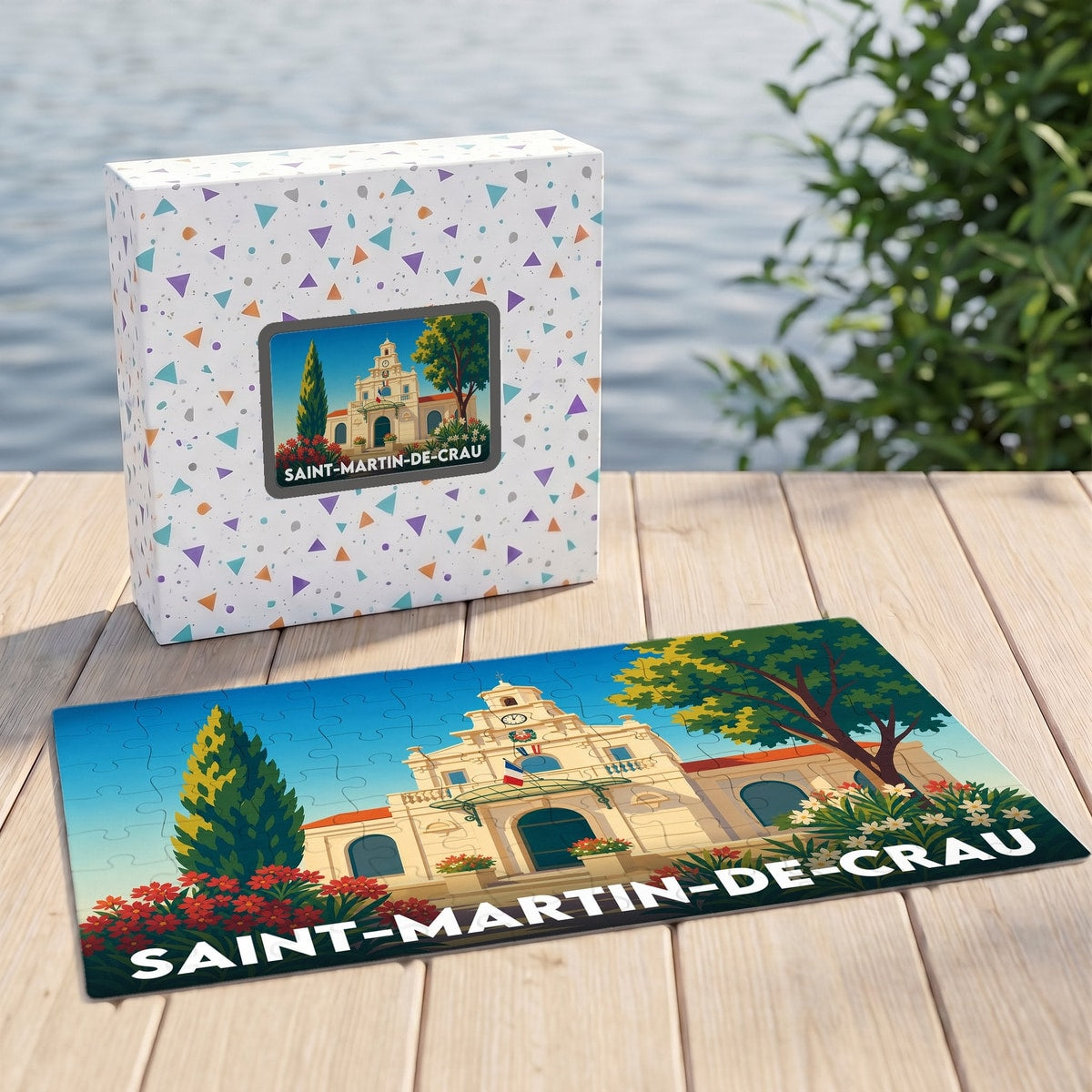 Puzzle souvenir de la ville de Saint-Martin-de-Crau avec une illustration stylisée de son hôtel de ville.
