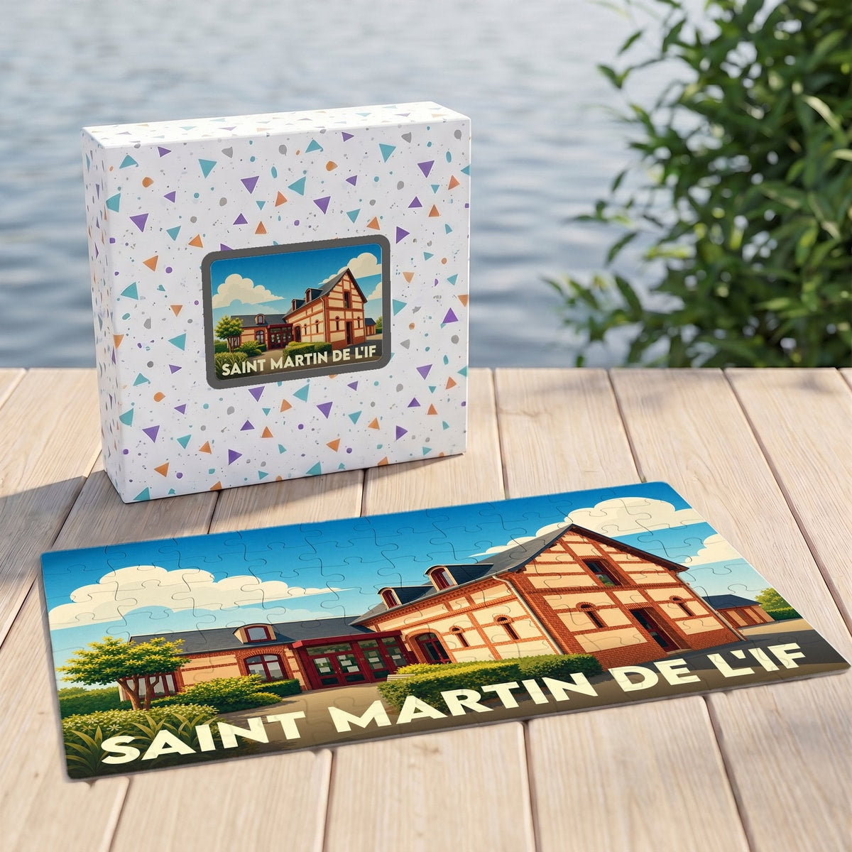 Puzzle souvenir de la ville de Saint Martin de l'If avec une illustration stylisée d'un bâtiment à colombages.