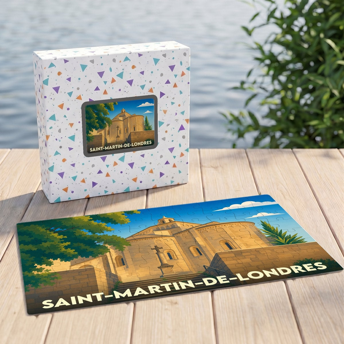 Puzzle souvenir de la ville de Saint-Martin-de-Londres représentant son église romane dans un style illustration rétro.