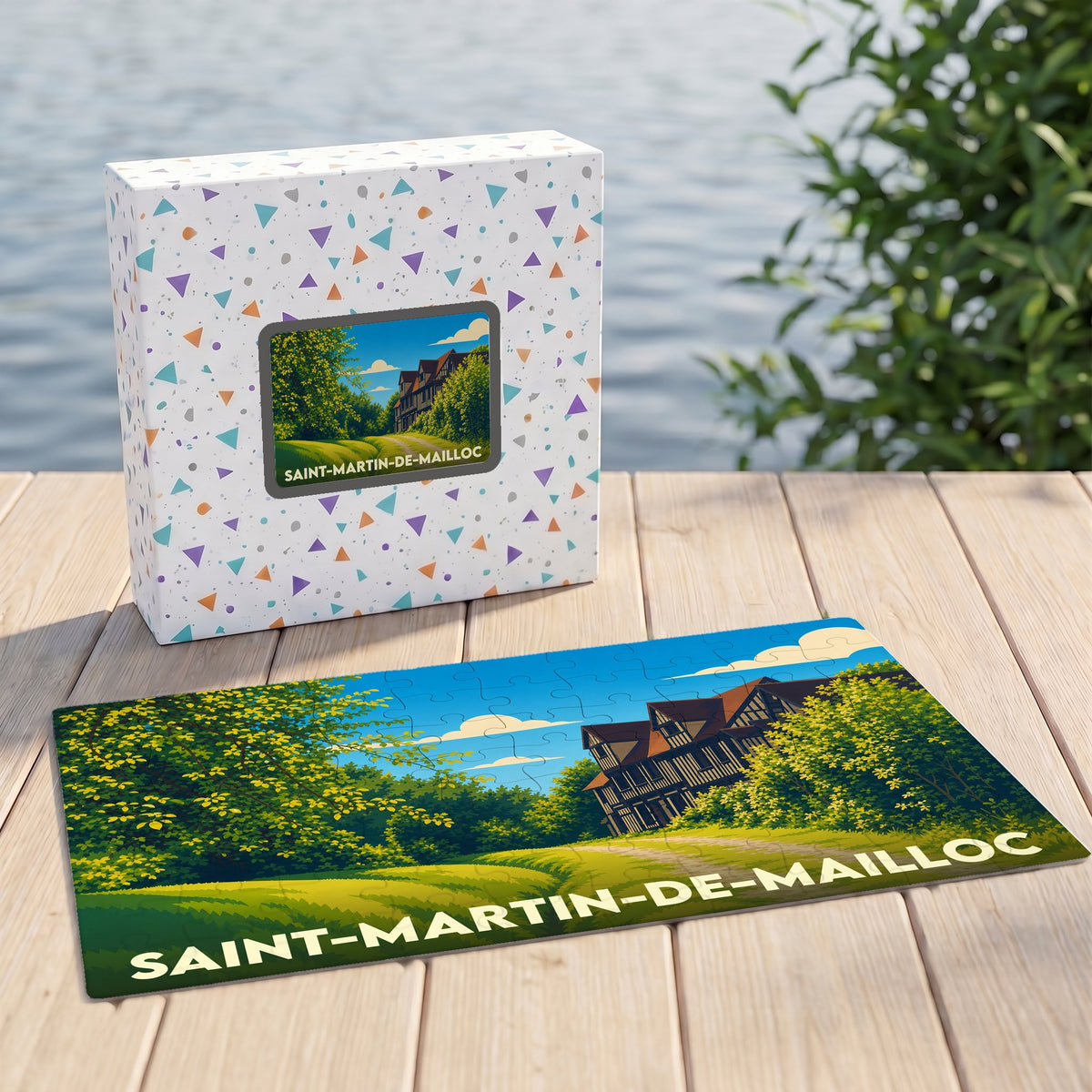 Puzzle souvenir de Saint-Martin-de-Mailloc présentant une illustration stylisée de la ville dans sa boîte assortie.
