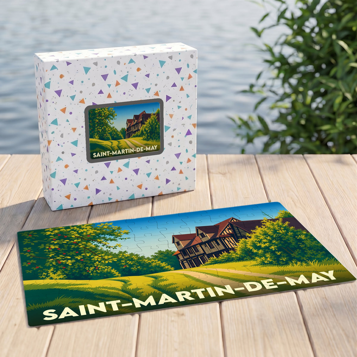 Puzzle souvenir de la ville de Saint-Martin-de-May avec une illustration stylisée d'un manoir normand.