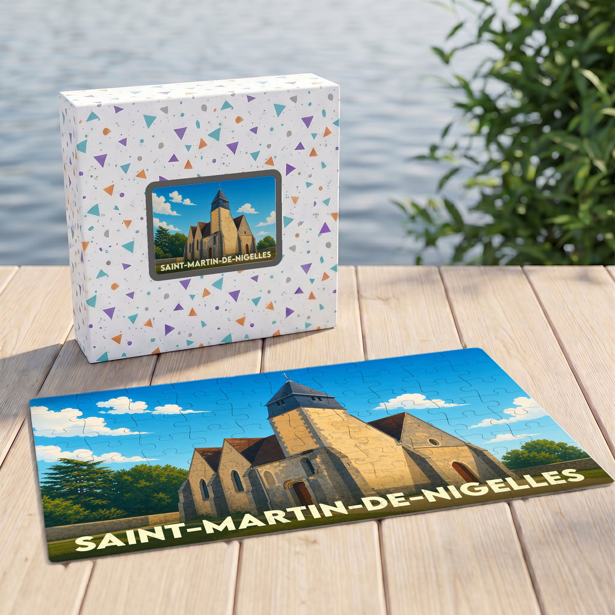 Puzzle souvenir de la ville de Saint-Martin-de-Nigelles avec une illustration stylisée d'une église.