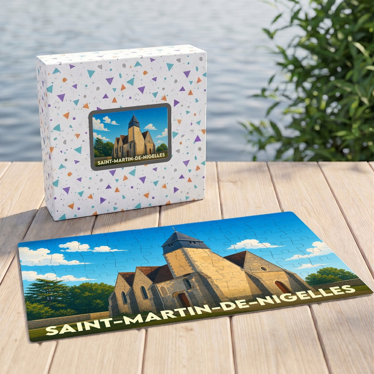 Puzzle souvenir de la ville de Saint-Martin-de-Nigelles avec une illustration stylisée d'une église.