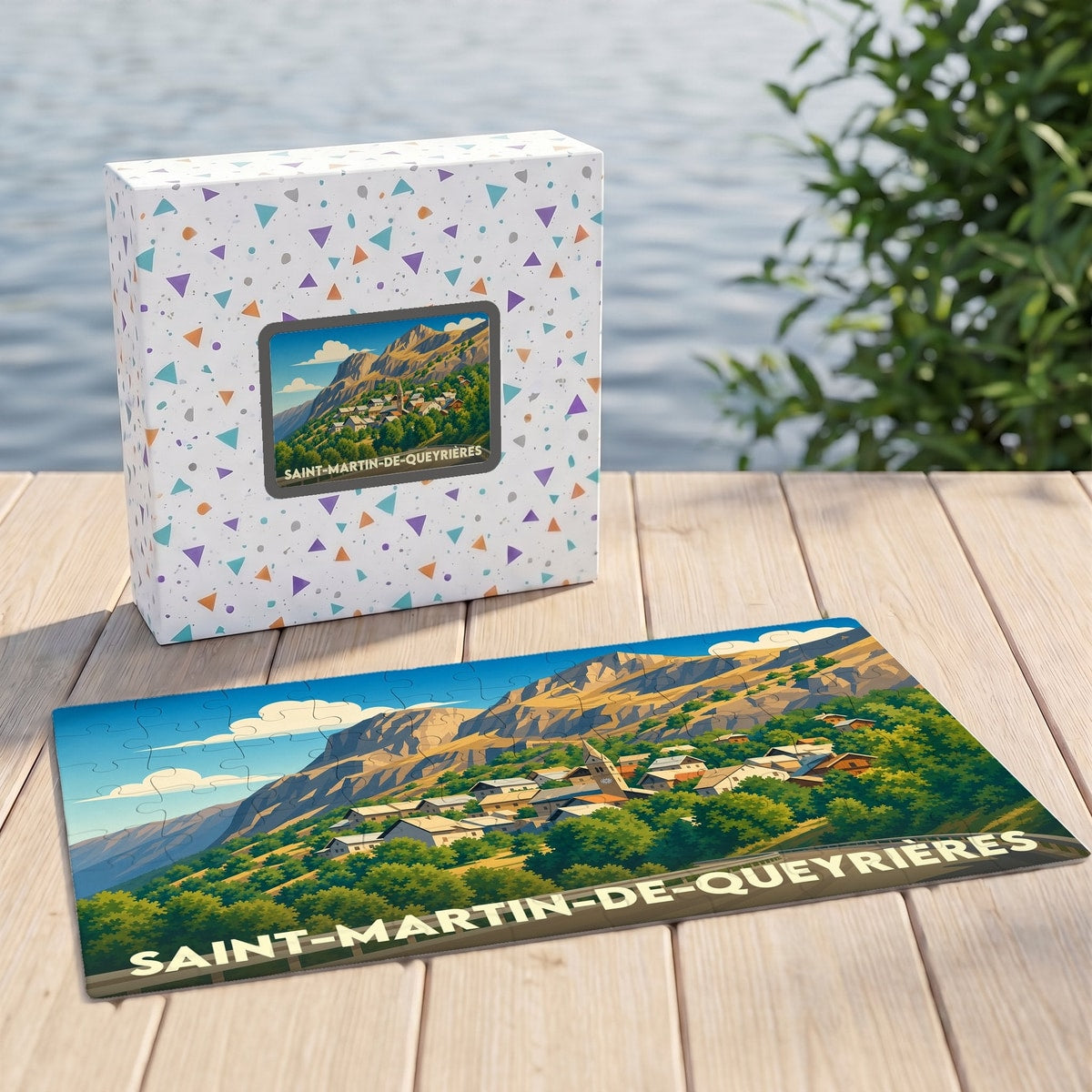 Puzzle souvenir de la ville de Saint-Martin-de-Queyrières avec une illustration de paysage montagneux.
