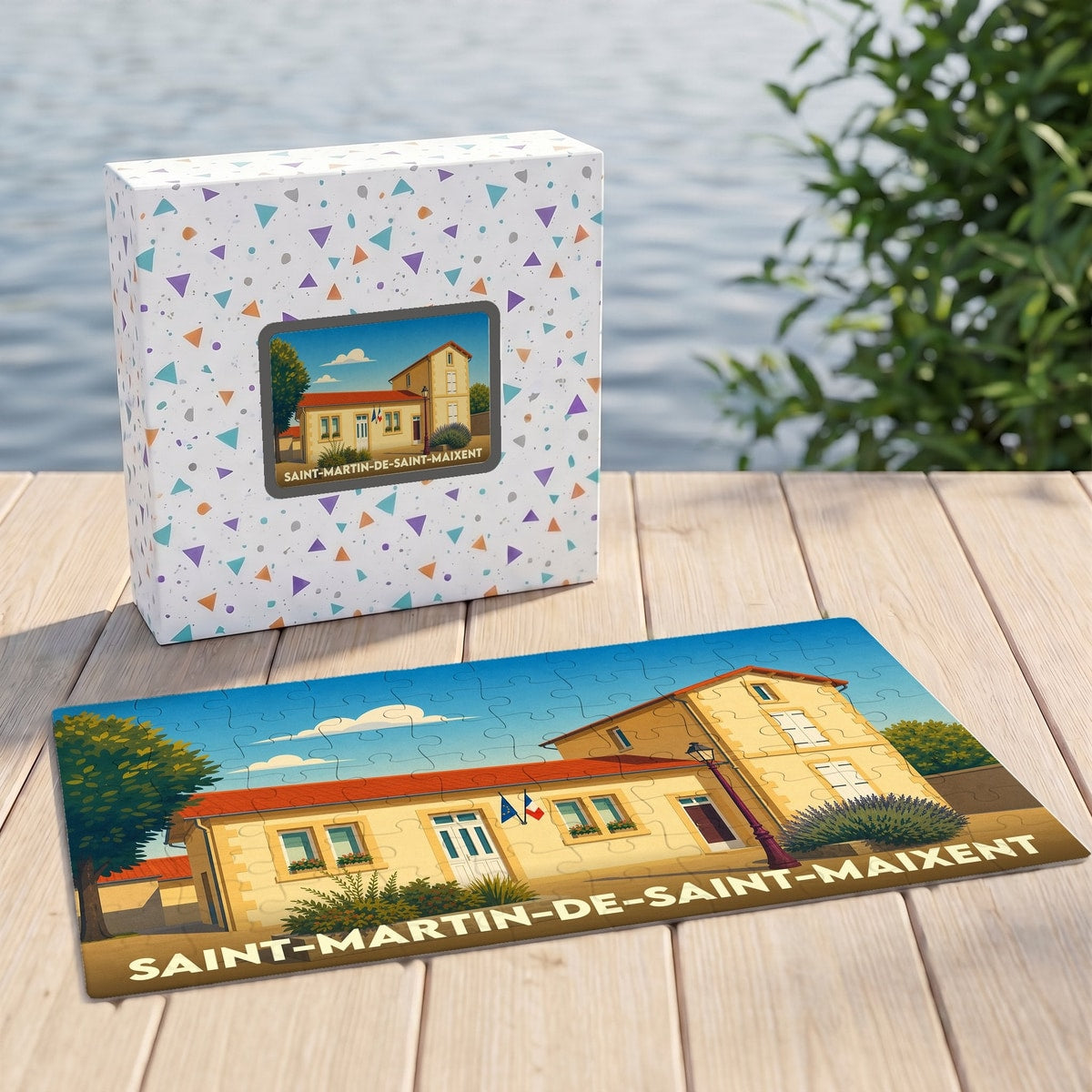 Puzzle souvenir de la ville de Saint-Martin-de-Saint-Maixent avec une illustration stylisée de la mairie.