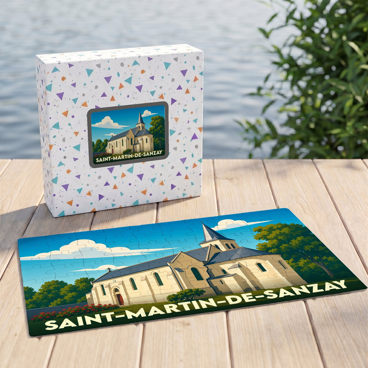 Puzzle souvenir de la ville de Saint-Martin-de-Sanzay illustré par un dessin stylisé de son église.