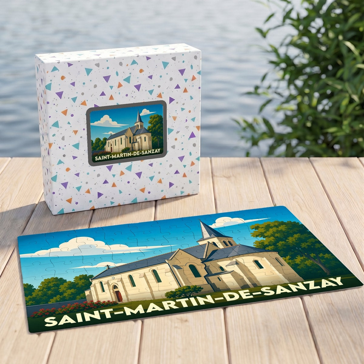Puzzle souvenir de la ville de Saint-Martin-de-Sanzay illustré par un dessin stylisé de son église.