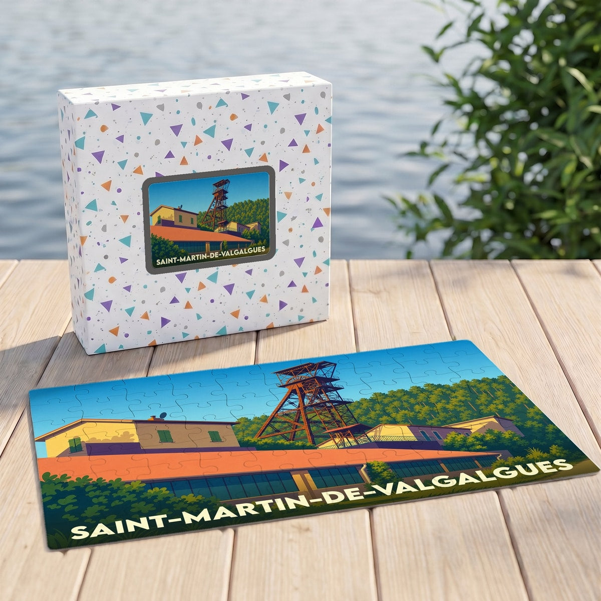 Puzzle souvenir de la ville de Saint-Martin-de-Valgalgues avec une illustration stylisée de son patrimoine minier.