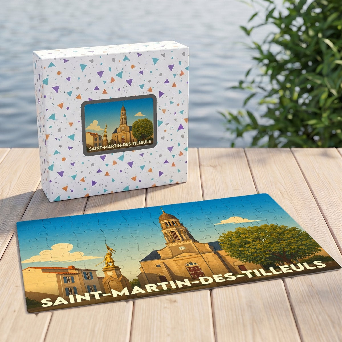 Puzzle souvenir de la ville de Saint-Martin-des-Tilleuls avec une illustration stylisée de son église et de sa place.