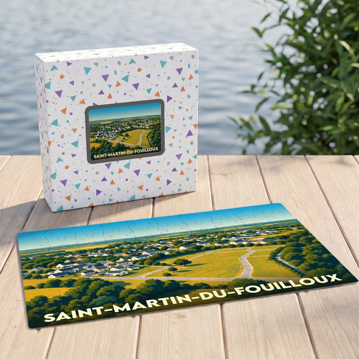 Puzzle souvenir de la ville de Saint-Martin-du-Fouilloux avec une illustration paysagère stylisée.