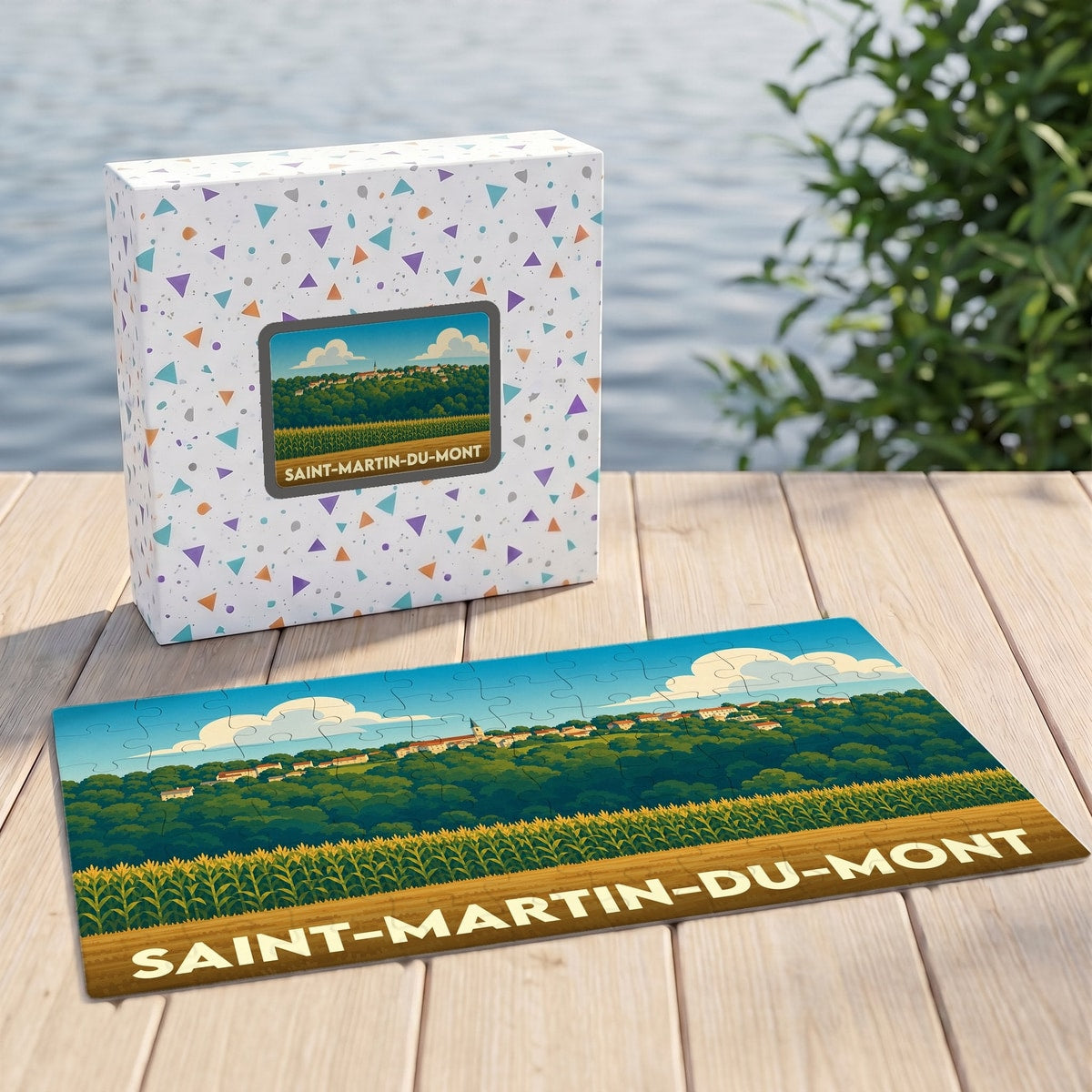Puzzle souvenir de Saint-Martin-du-Mont représentant un paysage champêtre avec une illustration stylisée.