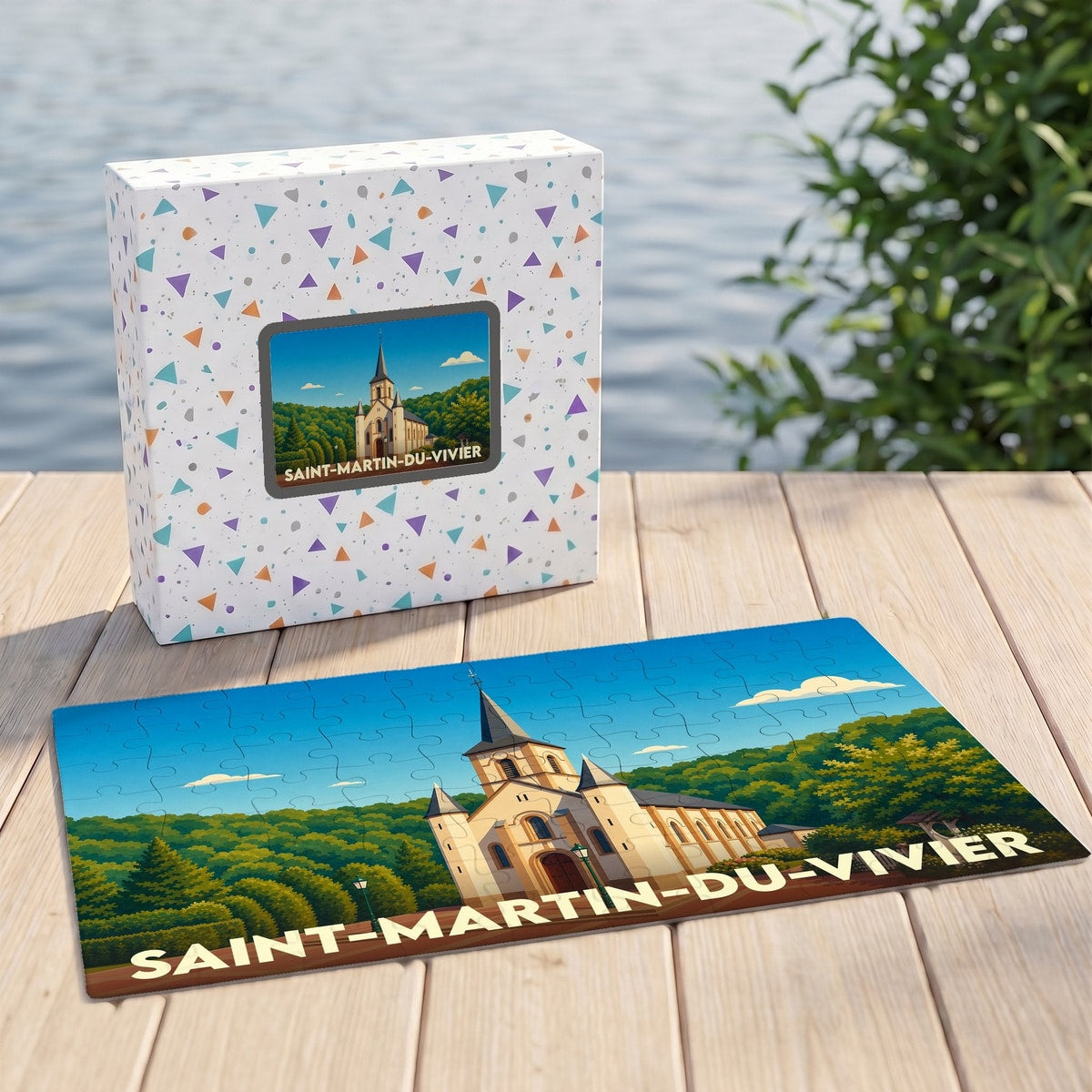 Puzzle souvenir de la ville de Saint-Martin-du-Vivier avec une illustration stylisée d'une église.