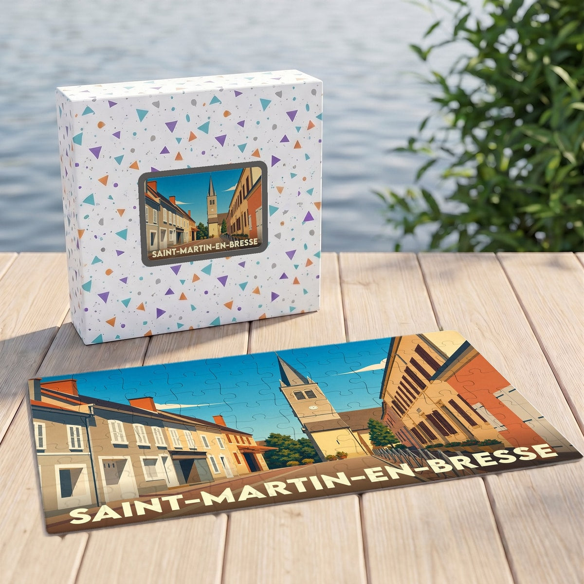 Puzzle souvenir de la ville de Saint-Martin-en-Bresse avec une illustration stylisée et colorée.