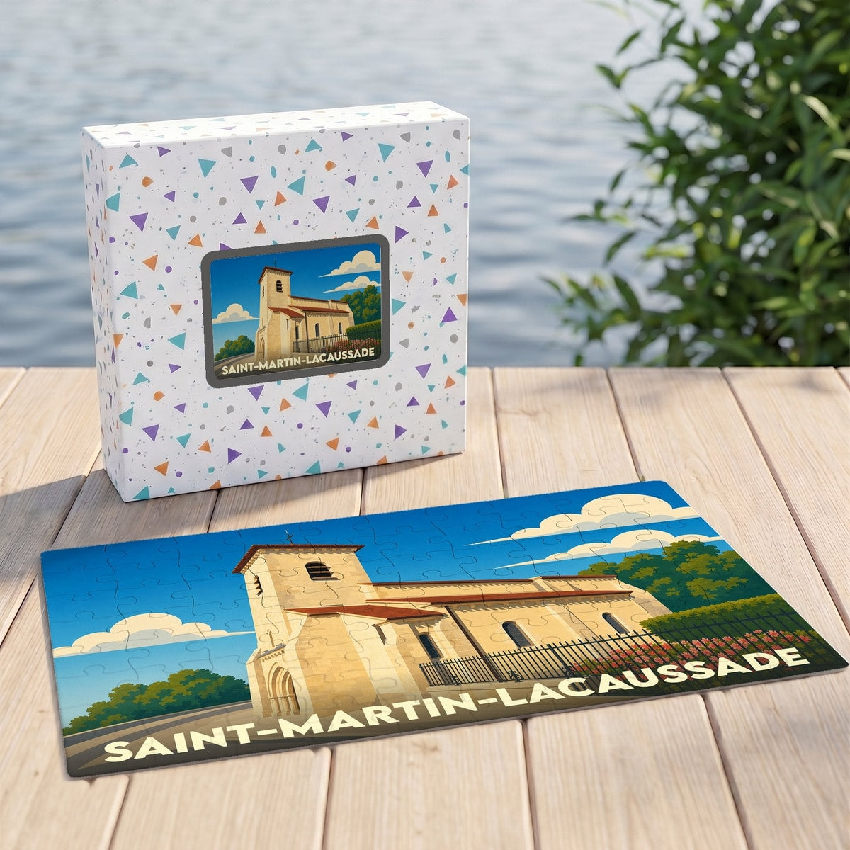 Puzzle souvenir de la commune de Saint-Martin-Lacaussade avec une illustration stylisée de son église.
