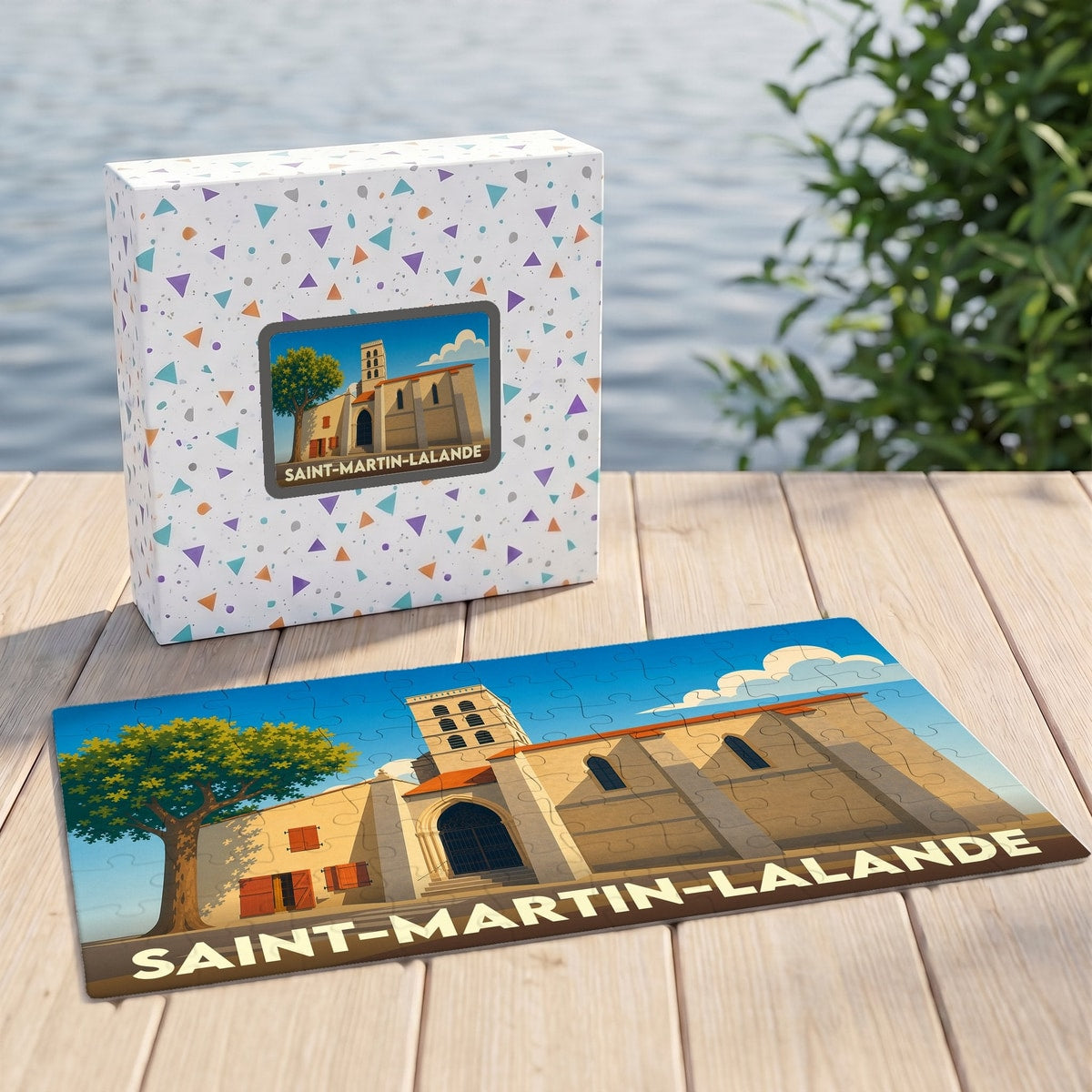 Puzzle souvenir de Saint-Martin-Lalande illustrant son église dans un style graphique épuré.