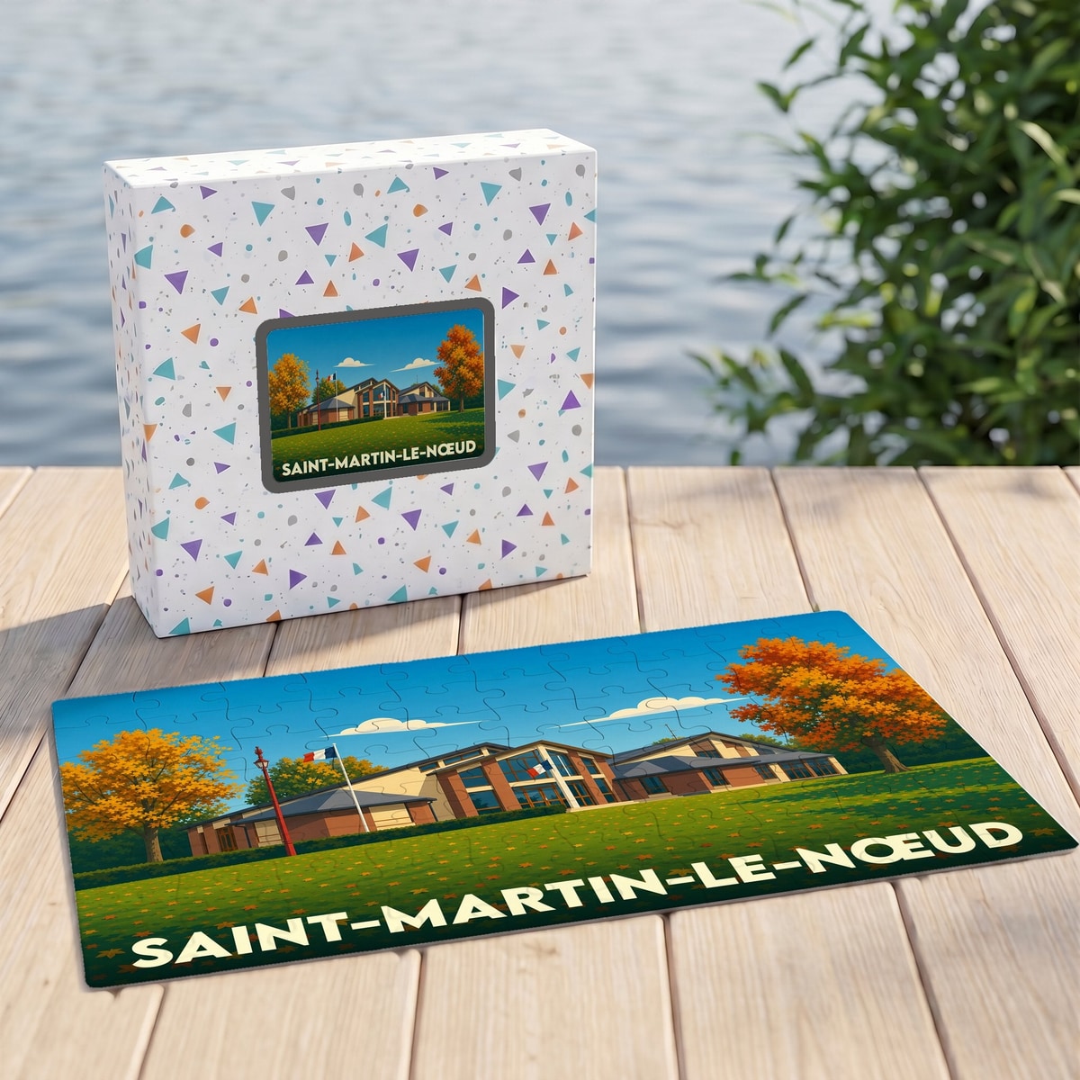 Puzzle souvenir de la ville de Saint-Martin-le-Nœud avec une illustration stylisée d'un bâtiment sous un ciel bleu.