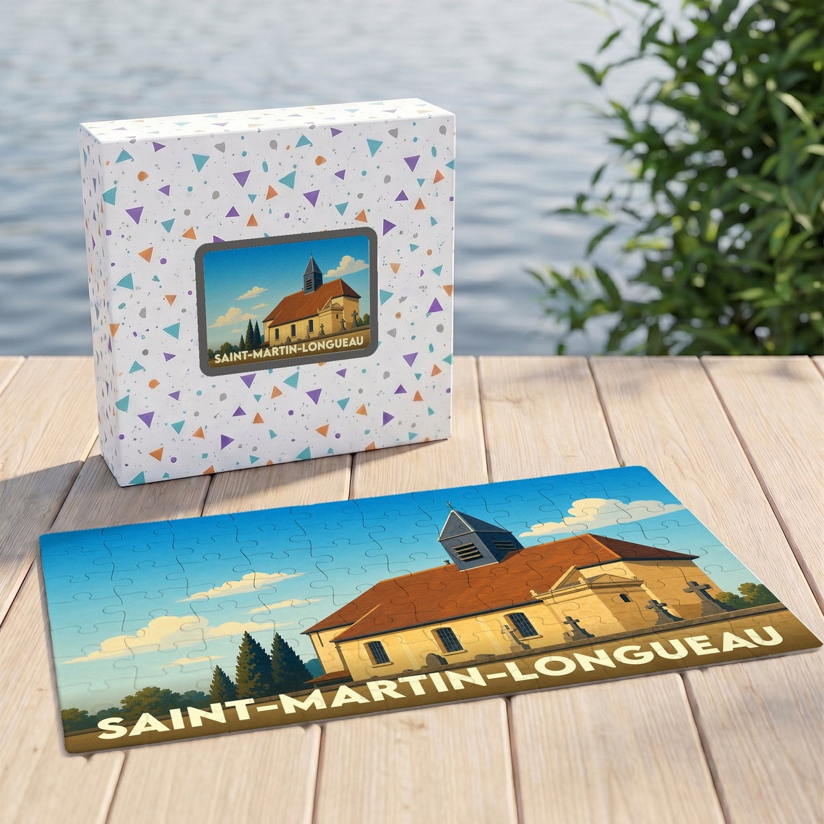 Puzzle souvenir de la ville de Saint-Martin-Longueau avec une illustration stylisée d'église.