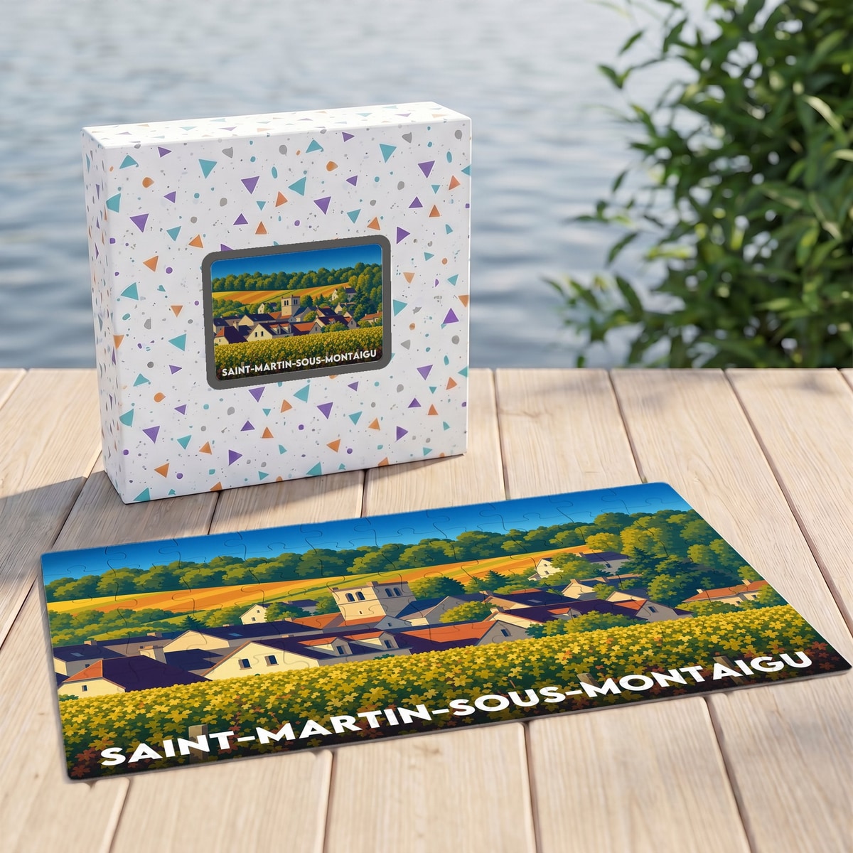 Puzzle souvenir de la ville de Saint-Martin-sous-Montaigu avec une illustration stylisée d'un village et ses vignobles.