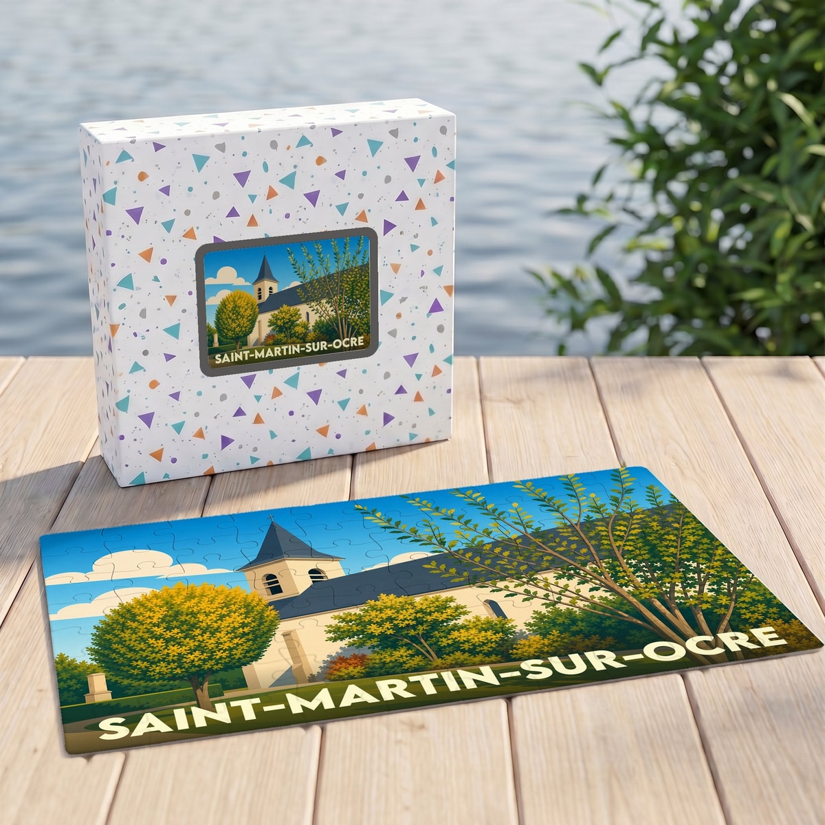 Puzzle souvenir de la ville de Saint-Martin-sur-Ocre avec une illustration stylisée de son église.