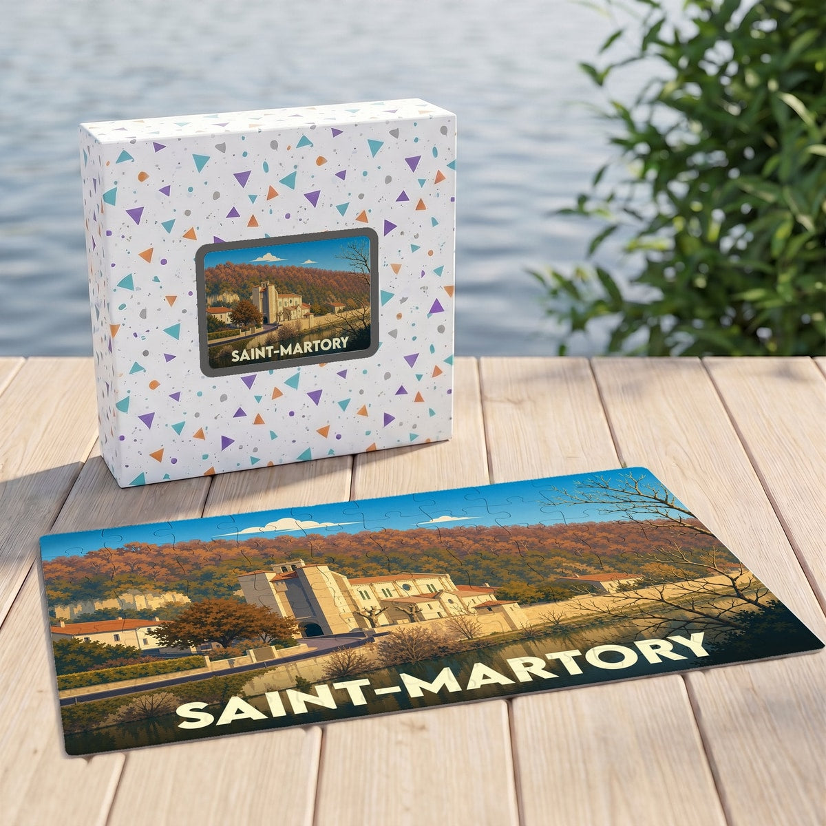 Puzzle souvenir de la ville de Saint-Martory avec une illustration stylisée.