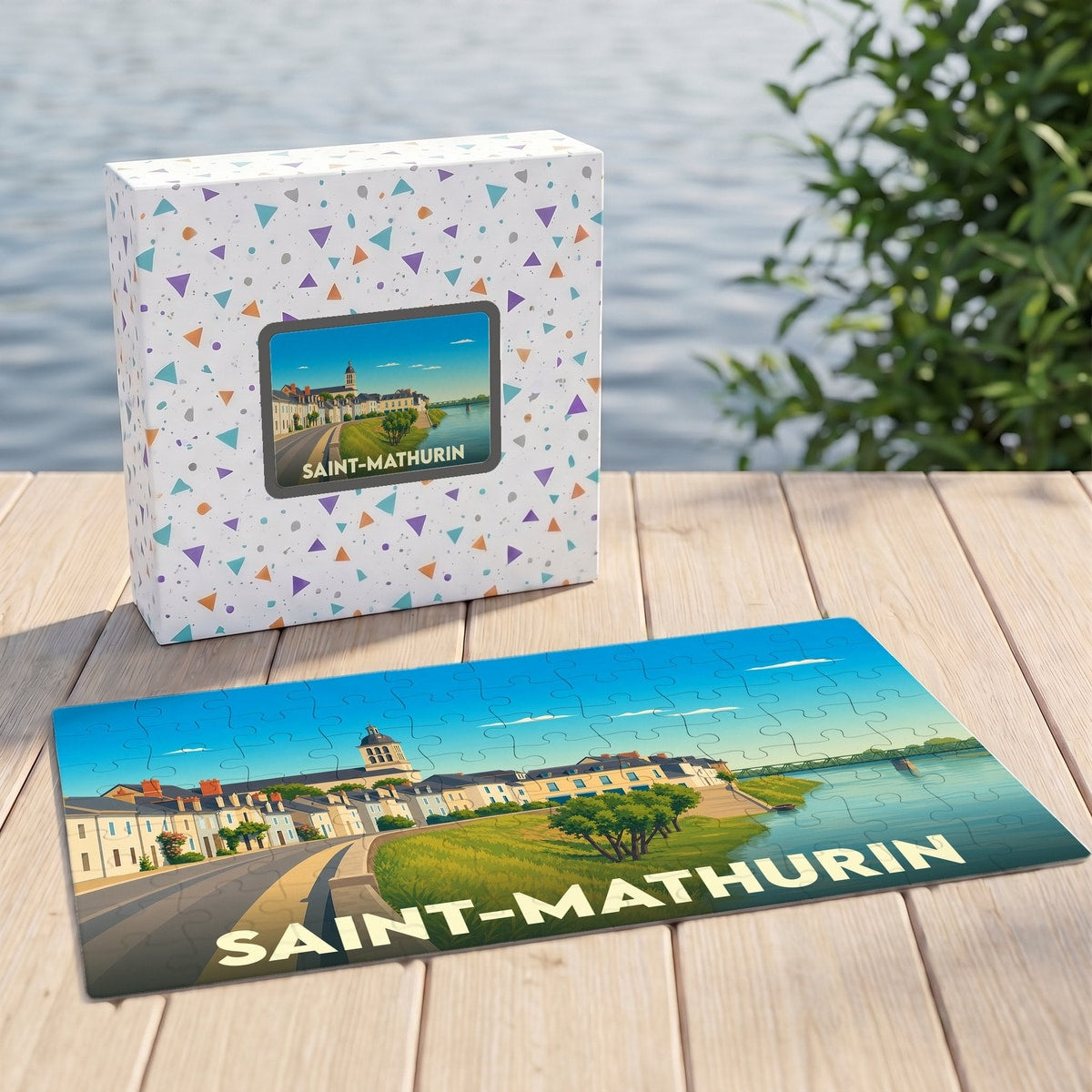 Puzzle souvenir de la ville de Saint-Mathurin avec une illustration stylisée des bords de Loire.