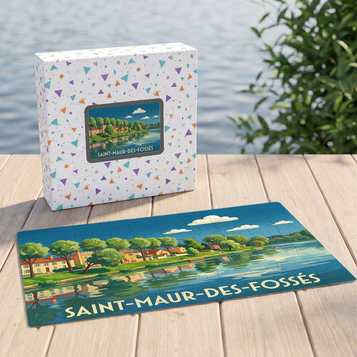 Puzzle souvenir de la ville de Saint-Maur-des-Fossés avec une illustration stylisée des bords de Marne.