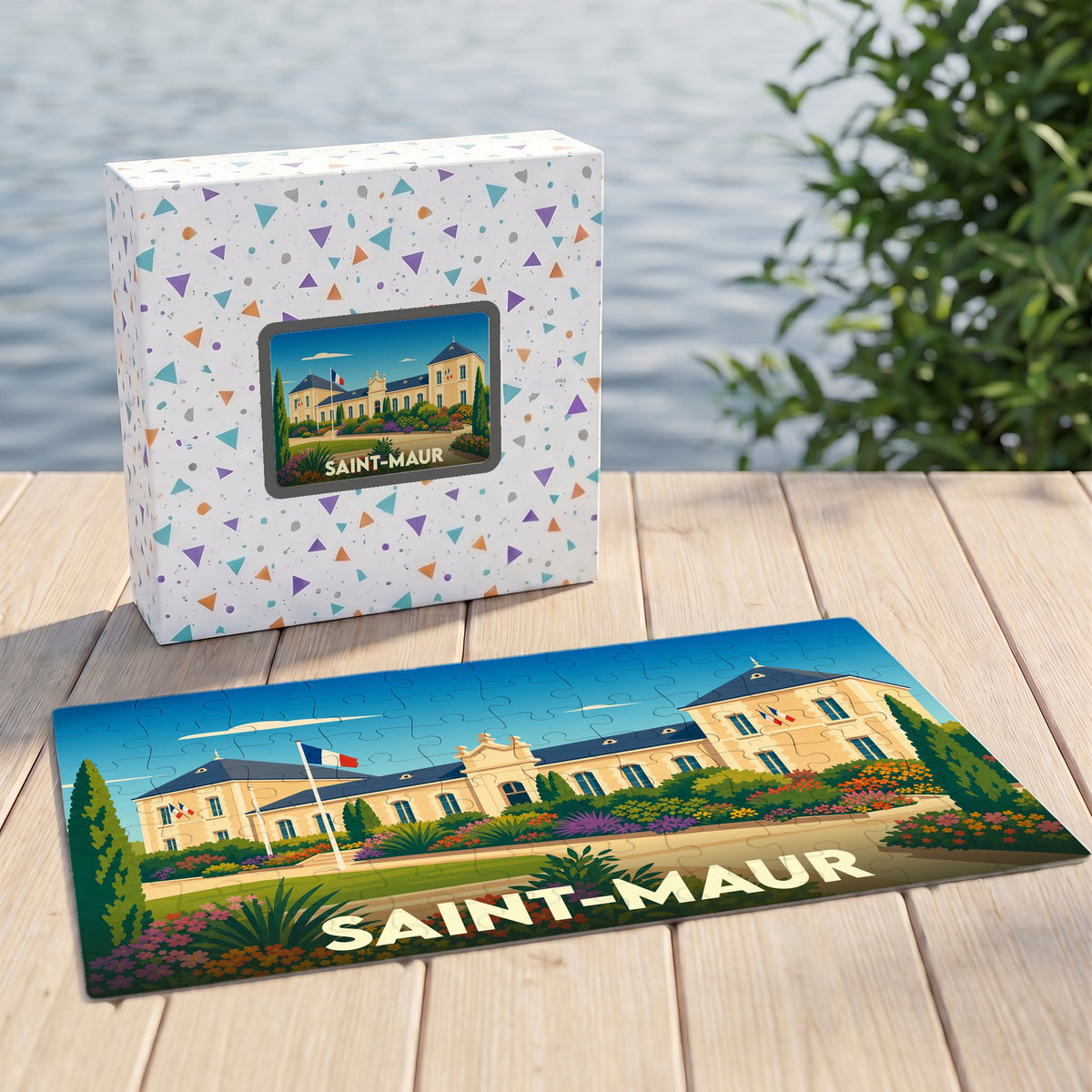 Puzzle souvenir de la ville de Saint-Maur présentant une illustration stylisée de son hôtel de ville dans sa boîte assortie.
