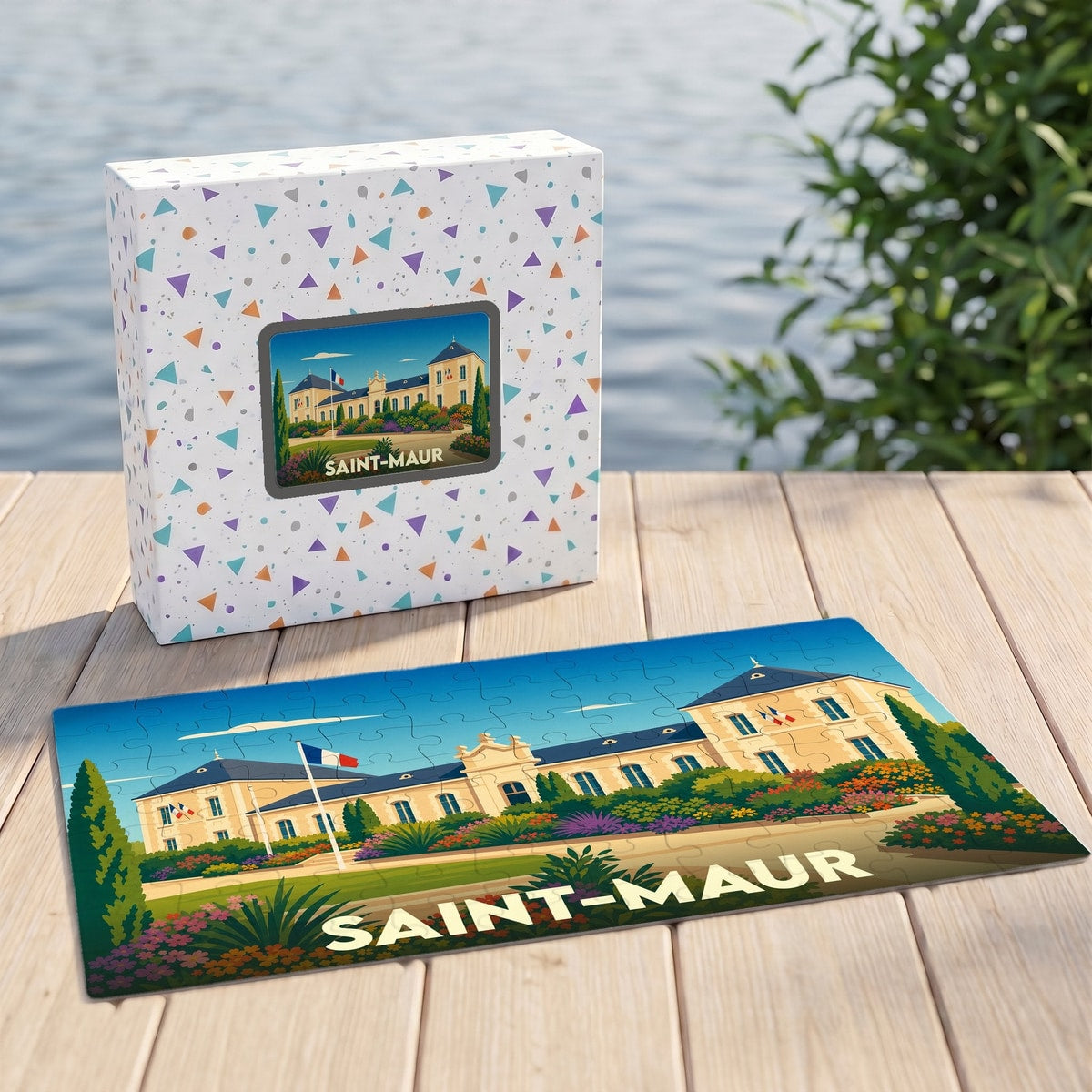 Puzzle souvenir de la ville de Saint-Maur présentant une illustration stylisée de son hôtel de ville dans sa boîte assortie.