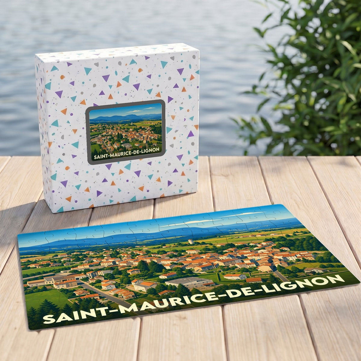 Puzzle souvenir de la ville de Saint-Maurice-de-Lignon avec une illustration aérienne colorée.