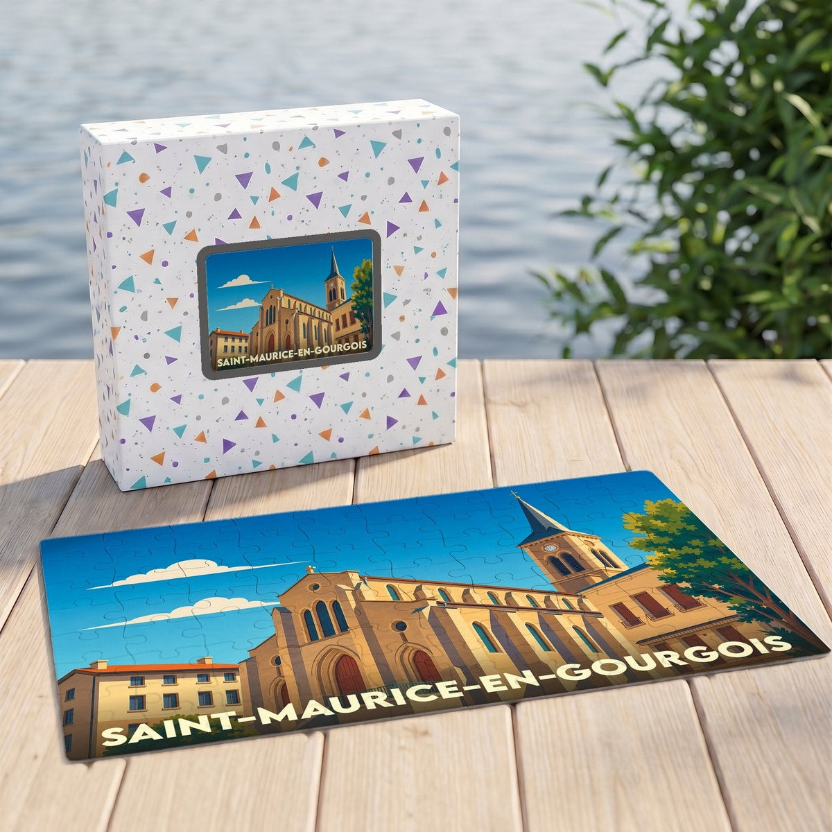 Puzzle souvenir de la ville de Saint-Maurice-en-Gourgois avec une illustration stylisée de son église et de son paysage.