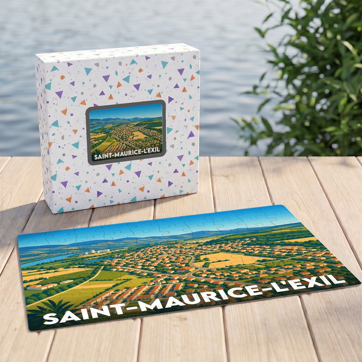 Puzzle souvenir de la ville de Saint-Maurice-l'Exil avec une illustration stylisée vue du ciel.